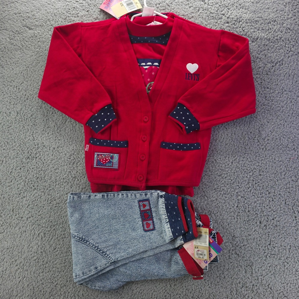Vintage Little Levi's Kids 6X 3pc Set Red Cardigan Top Acid Wash Jeans NWT 90s